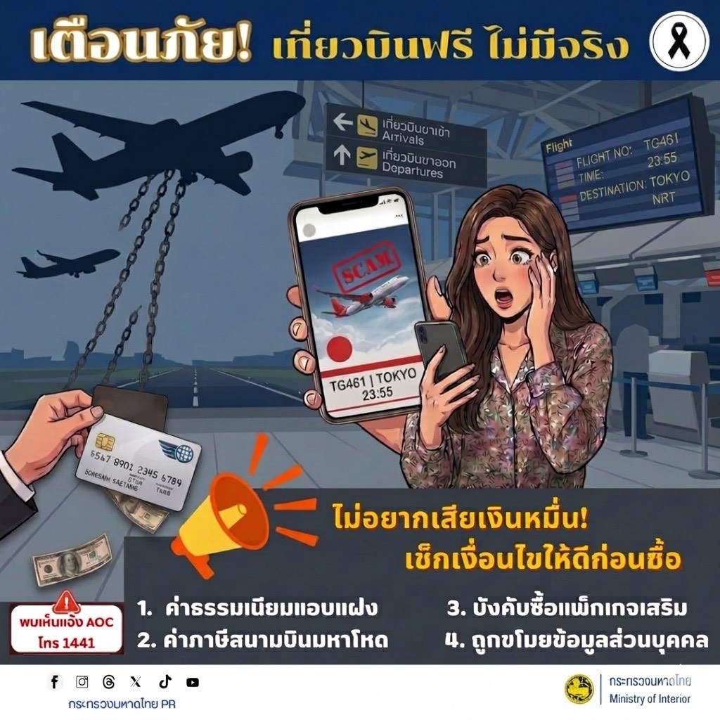 เตือนภัย! เที่ยวบินฟรีไม่มีจริง อย่าหลงเชื่อเด็ดขาด