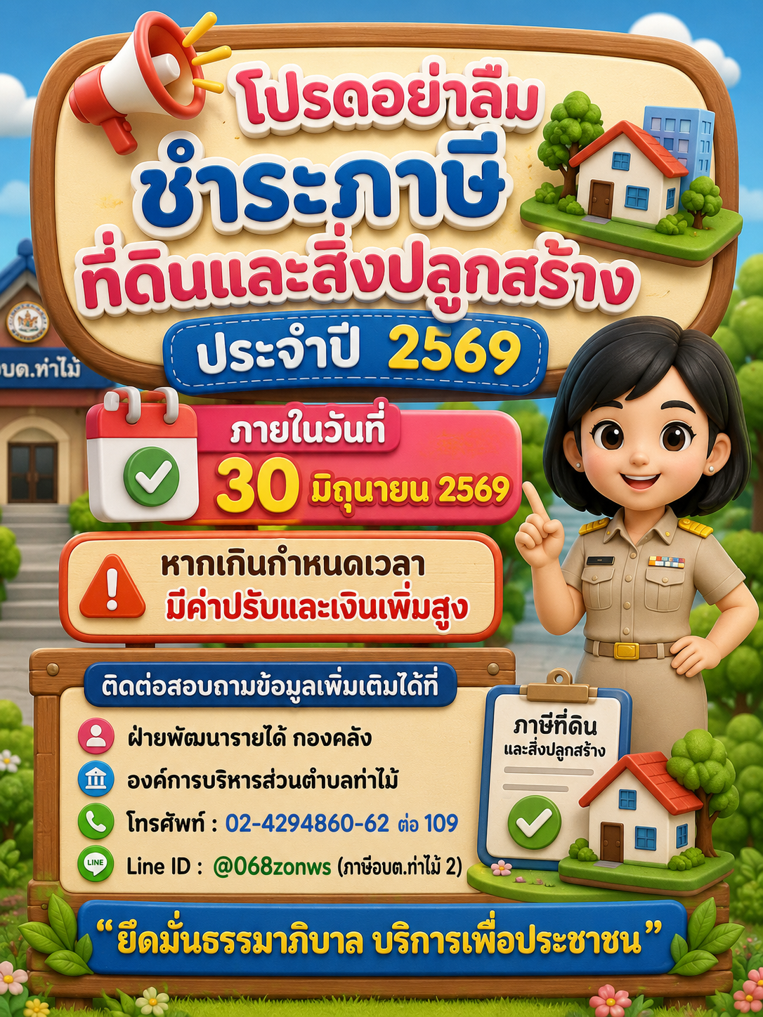 ประชาสัมพันธ์ฝ่ายพัฒนารายได้ กองคลัง  เรื่อง โปรดอย่าลืมชำระภาษีที่ดินและสิ่งปลูกสร้าง ประจำปี 2569 ภายใน 30 มิถุนายน 2569 หากเกินกำหนดเวลา มีค่าปรับและเงินเพิ่มสูง