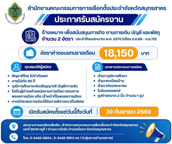 สำนักงานคณะกรรมการการเลือกตั้งประจำจังหวัดสมุทรสาคร รับสมัครลูกจ้างเหมาบริการ 2 อัตรา