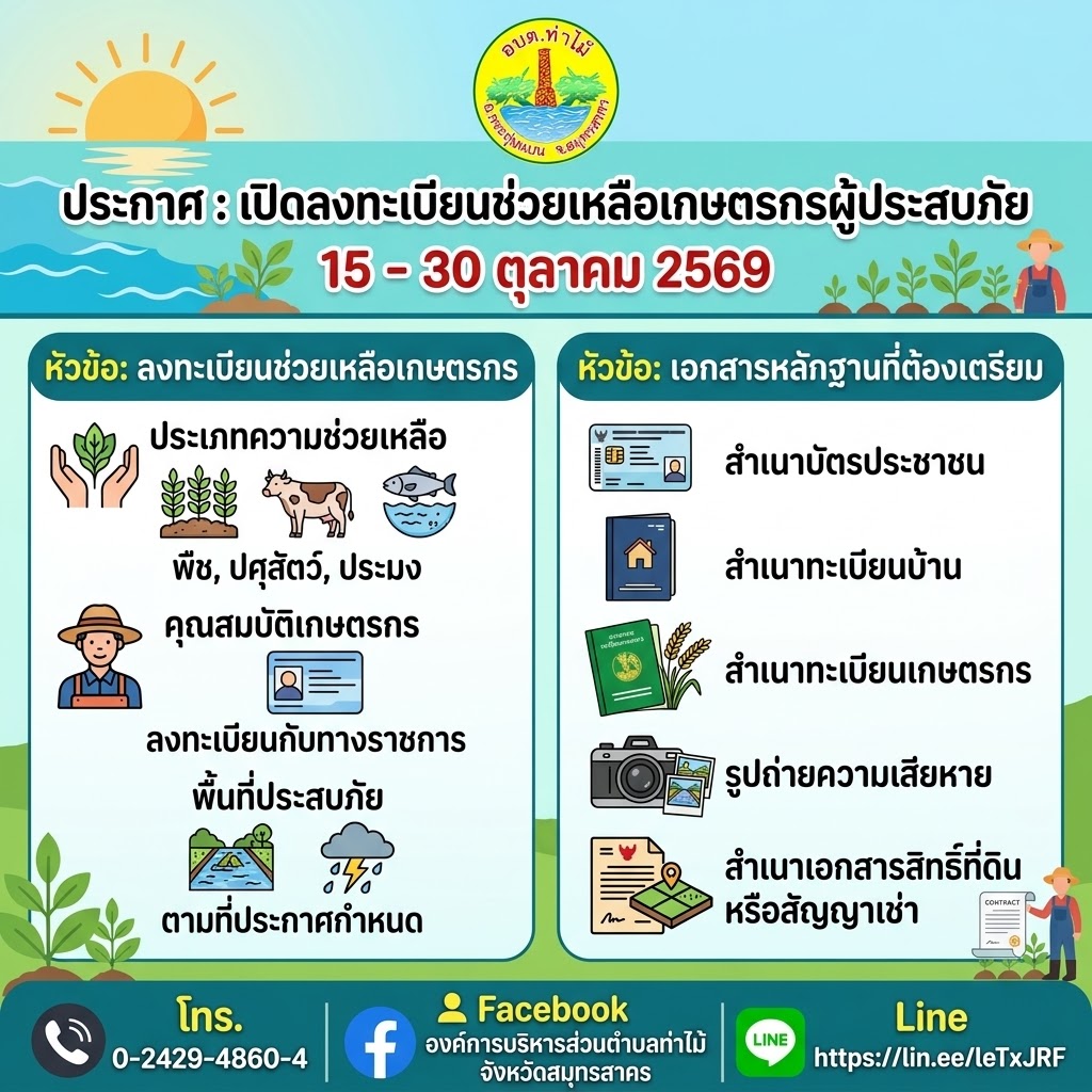 ประกาศด่วน! อบต.ท่าไม้ เปิดรับลงทะเบียนช่วยเหลือเกษตรกรผู้ประสบอุทกภัย (น้ำท่วม)